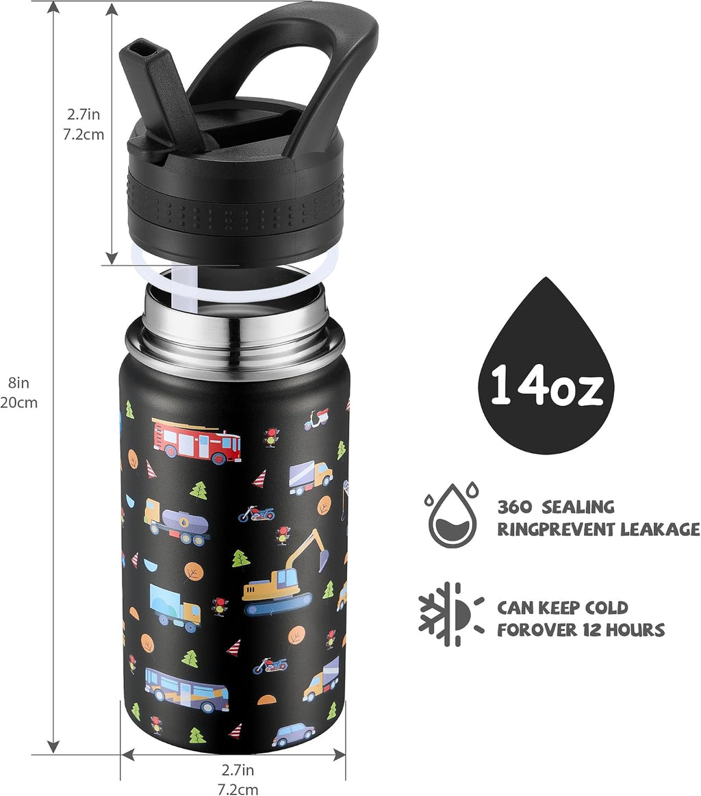 14 Oz Kids Water Bottle, Stainless Steel Water Bottle with Straws, Leak-Proof, BPA-Free, Insulated Water Bottles for