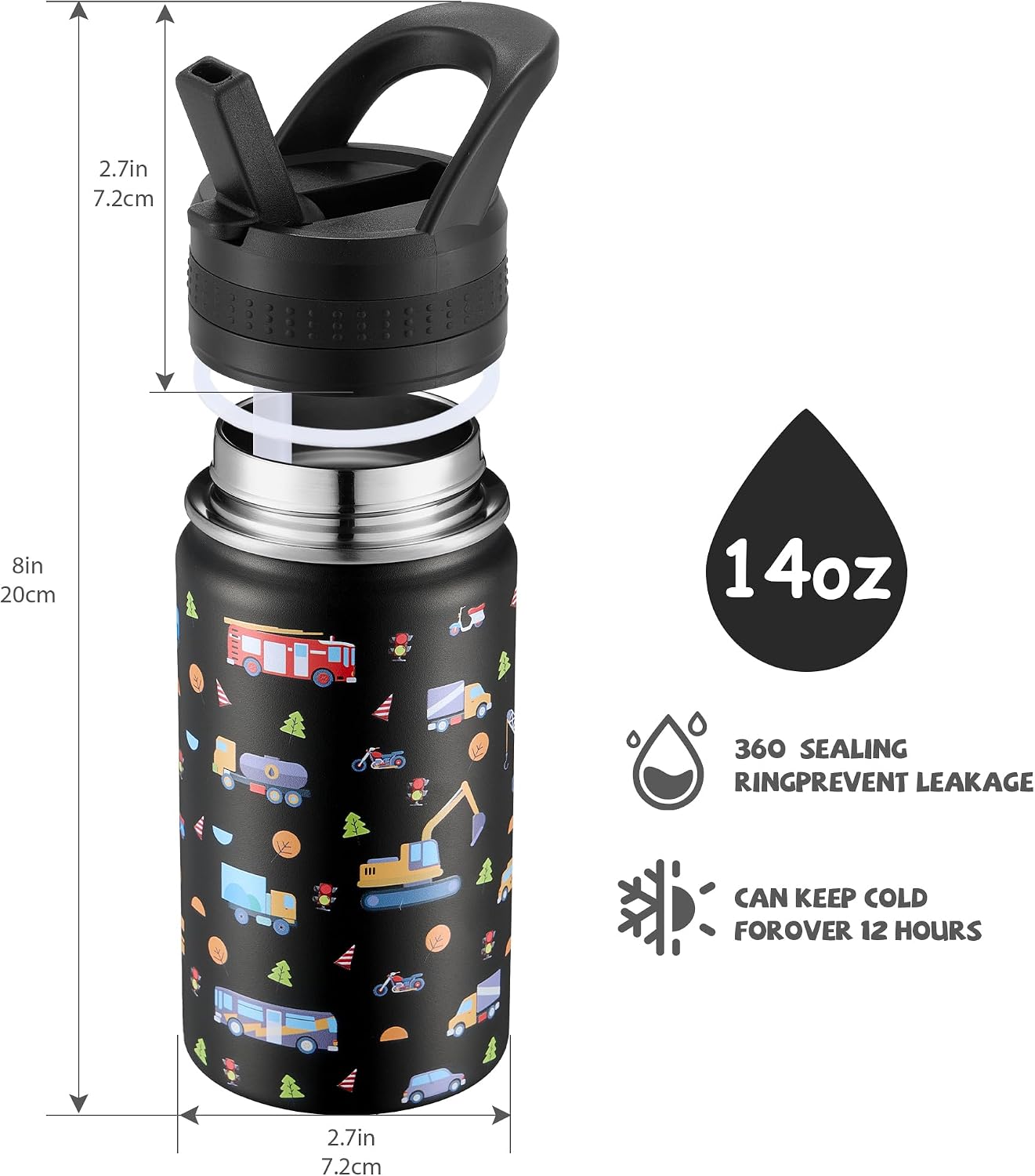14 Oz Kids Water Bottle, Stainless Steel Water Bottle with Straws, Leak-Proof, BPA-Free, Insulated Water Bottles for