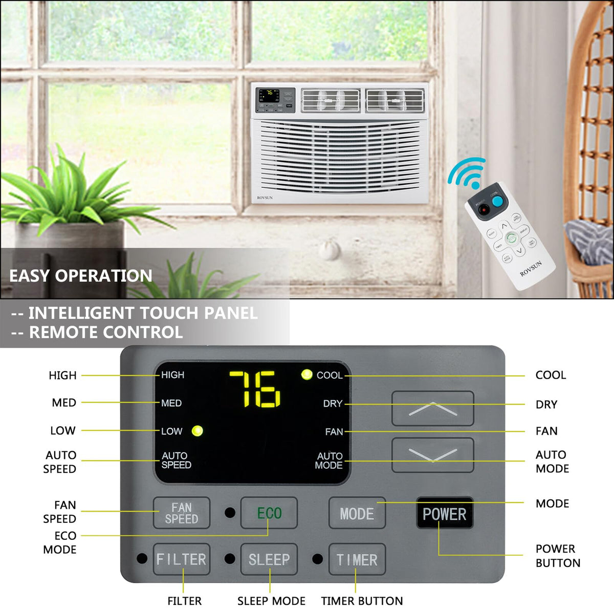 14000 BTU Air Conditioner Window Unit, 3-in-1 Window AC Unit Cooler, Dehumidifier & Fan with Timer, Remote Control &