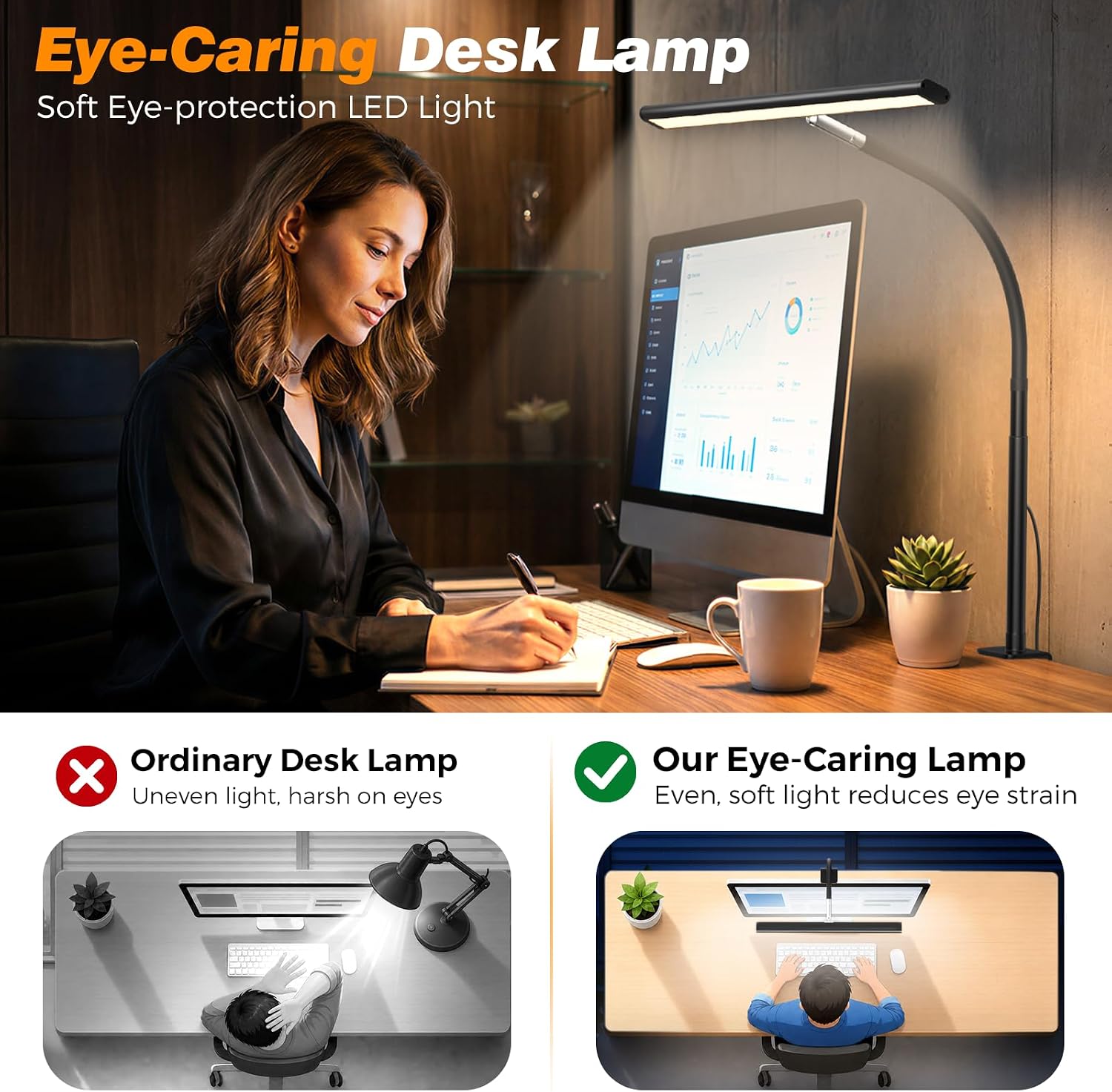 LED Desk Lamp with Clamp, 17" Stepless Dimming Light, Black | 2700K-6500K, 100 LEDs, 360° Gooseneck, Fits Up to 30"
