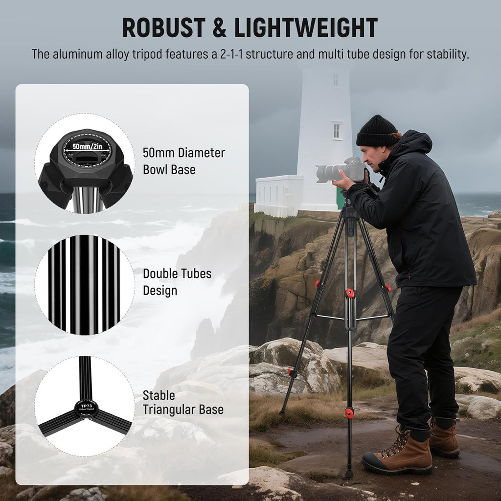 Video Tripod with Fluid Head, Heavy Duty Aluminum Compact Portable Camera Tripod Stand for DSLR Camcorder Compatible