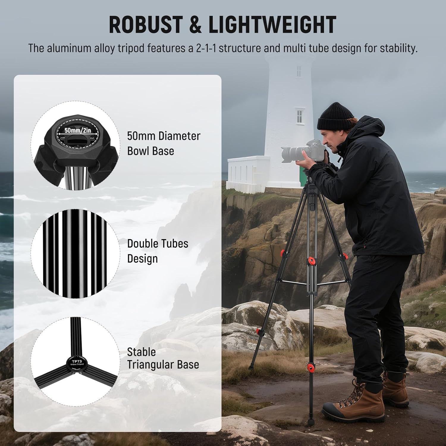 Video Tripod with Fluid Head, Heavy Duty Aluminum Compact Portable Camera Tripod Stand for DSLR Camcorder Compatible