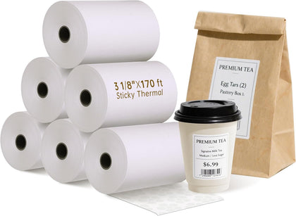Sticky Thermal Receipt Paper 3 1/8"x 170 ft, 6 Rolls, Toast Epson TM-L90 | 80GSM Linerless sticky thermal paper with