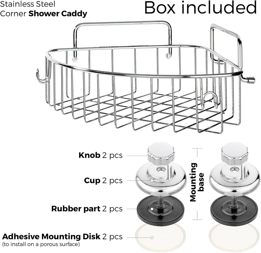 Corner Shower Caddy with Suction Cups and 3M Adhesive Mounting Discs for porous surfaces - Stainless Steel Basket for
