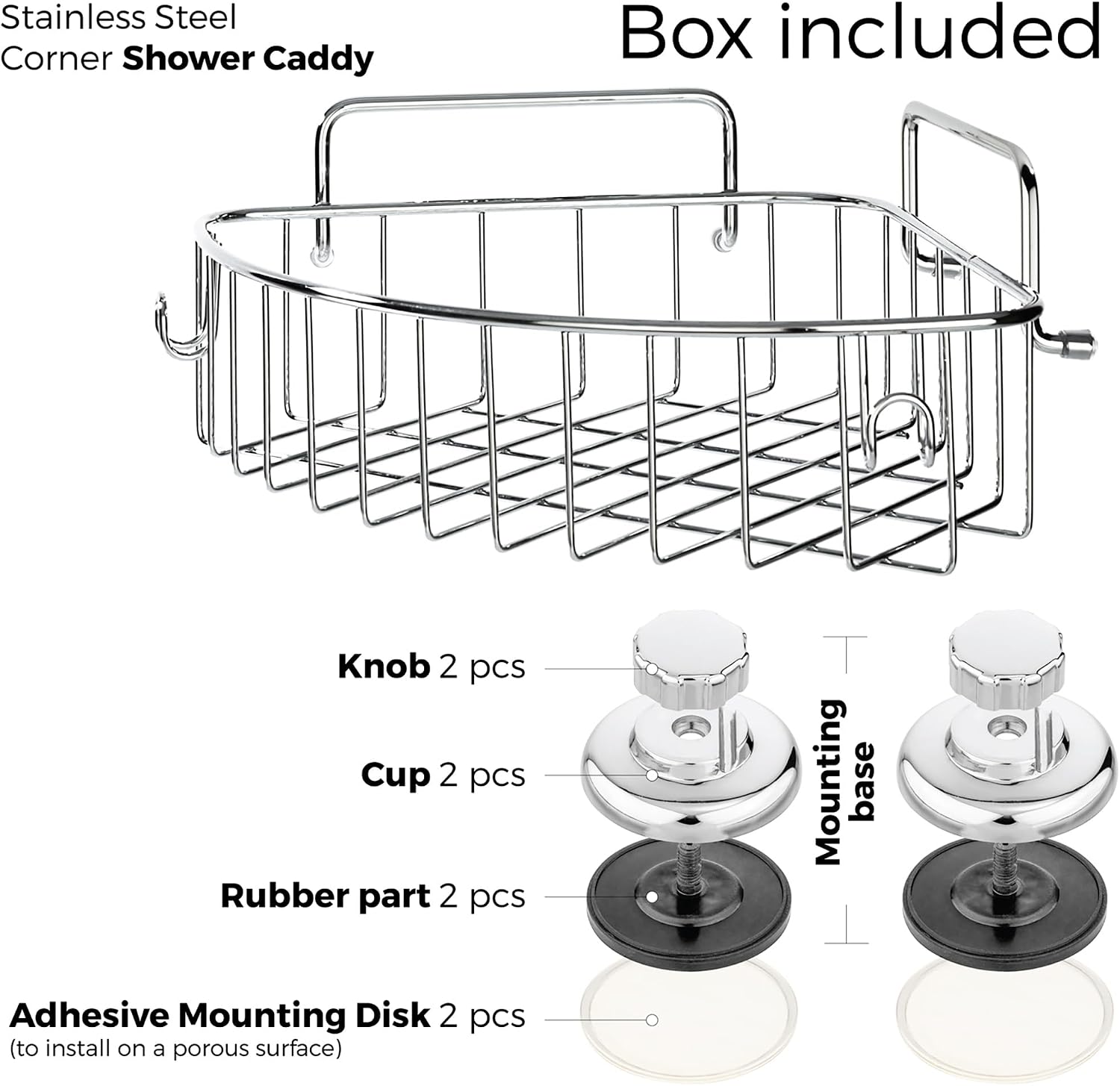 Corner Shower Caddy with Suction Cups and 3M Adhesive Mounting Discs for porous surfaces - Stainless Steel Basket for