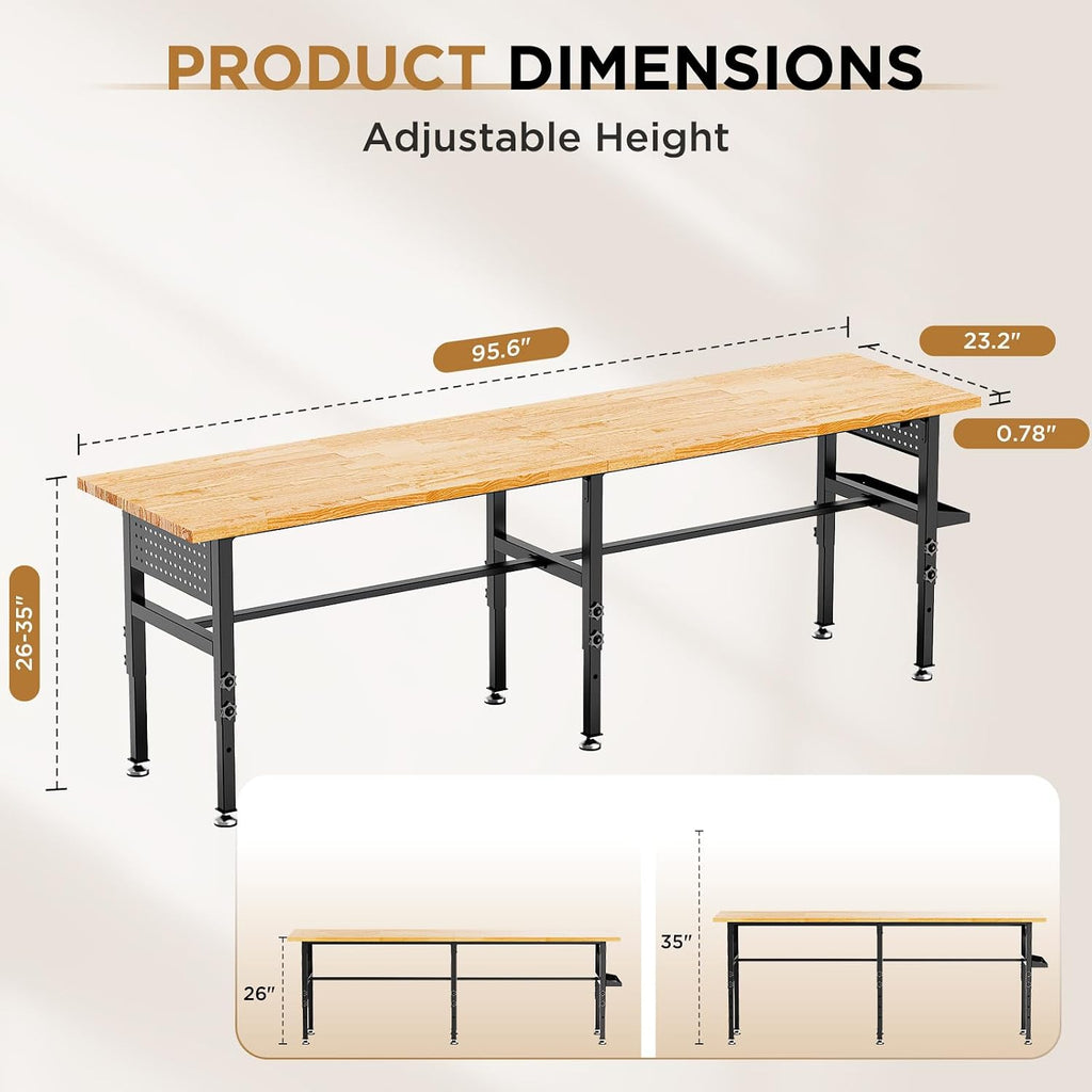 96" Adjustable Workbench with Side Pegboard, 2000lbs Heavy Duty Solid Wood Top Garage Work Table with Power Outlet