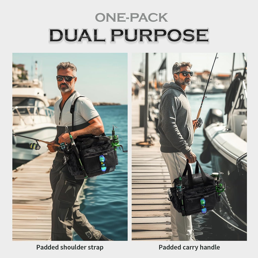 Large Fishing Tackle Bag with Rod Holder Waterproof Gear Storage | Waterproof Fishing Bag with Padded Shoulder Strap