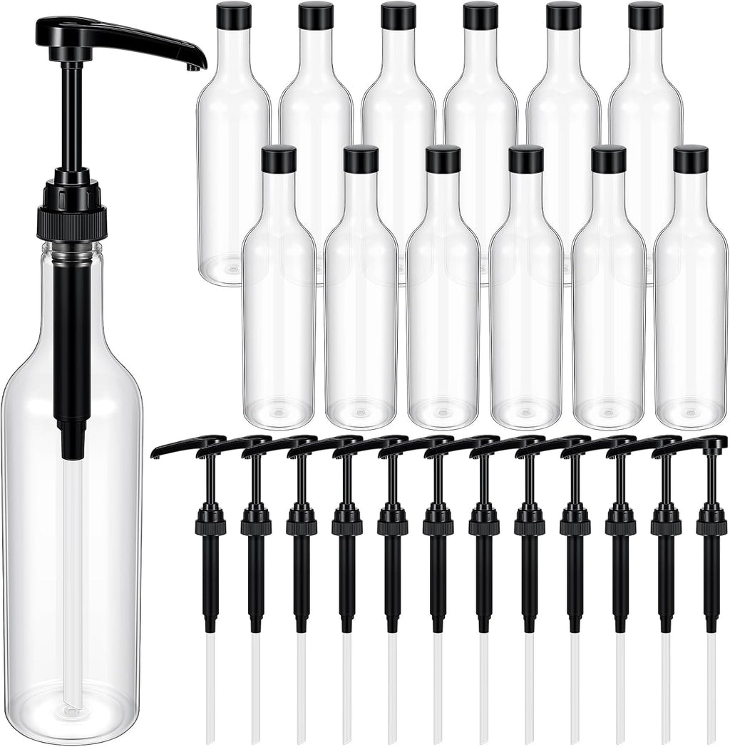 12 Pcs 25 oz Plastic Syrup Bottles with Pump Syrup Dispenser, Black