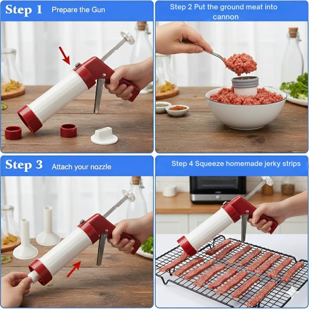 Jerky Gun Kit, Food-Grade Plastic Jerky Maker & Sausage Stuffer with 3 Nozzles for Ground Meat
