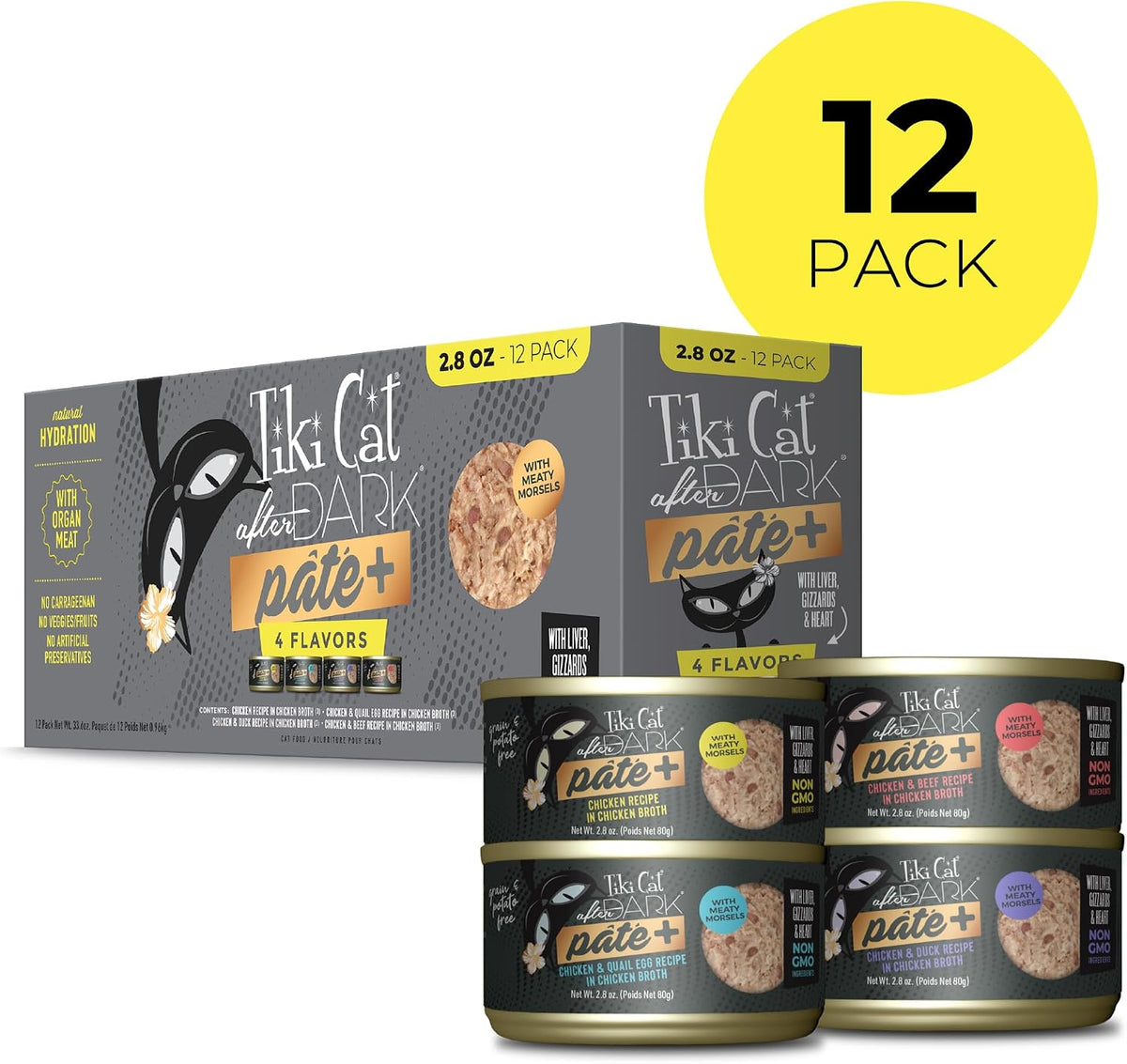 Tiki Cat After Dark Pate+ Wet Cat Food, Variety Pack, 2.8 oz Can (12 Count)