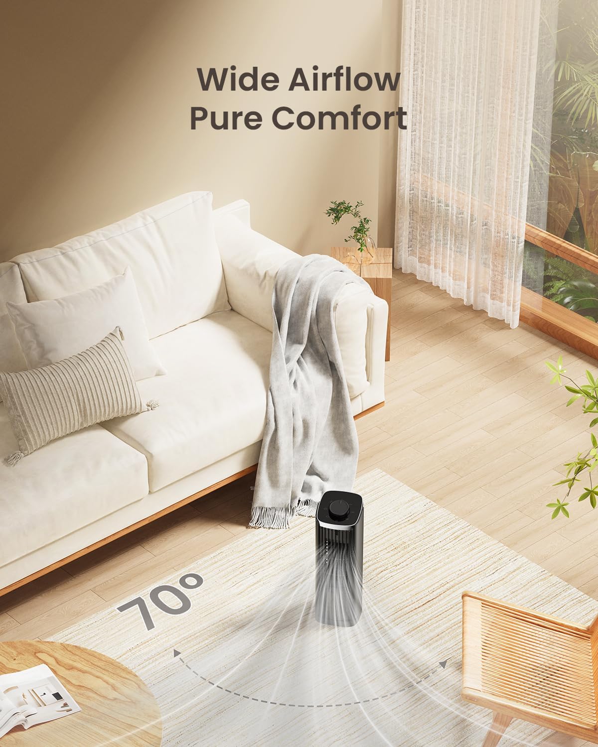 Fan for Bedroom, 13" Tower Fan with 3 Speeds Max 23ft/s, 70° Oscillating Desk Fan, Bladeless Standing Fan, Portable