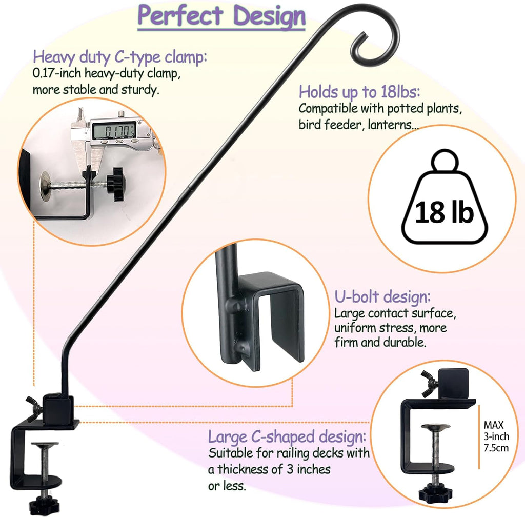 Heavy Duty Deck Hook,Courtyard Decoration,Pole 32”Long Metal Deck Railing Hooks for Hanging Bird