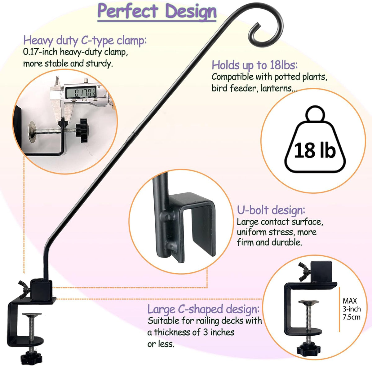 Heavy Duty Deck Hook,Courtyard Decoration,Pole 32”Long Metal Deck Railing Hooks for Hanging Bird