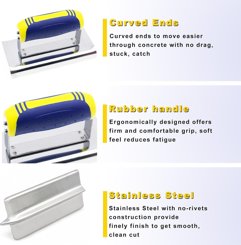 Concrete Tools Set Stainless Steel Pool Trowel (11" x 4") plus Concrete Edger (6" x 3", 1/2"R) and Groover (6" x 3"