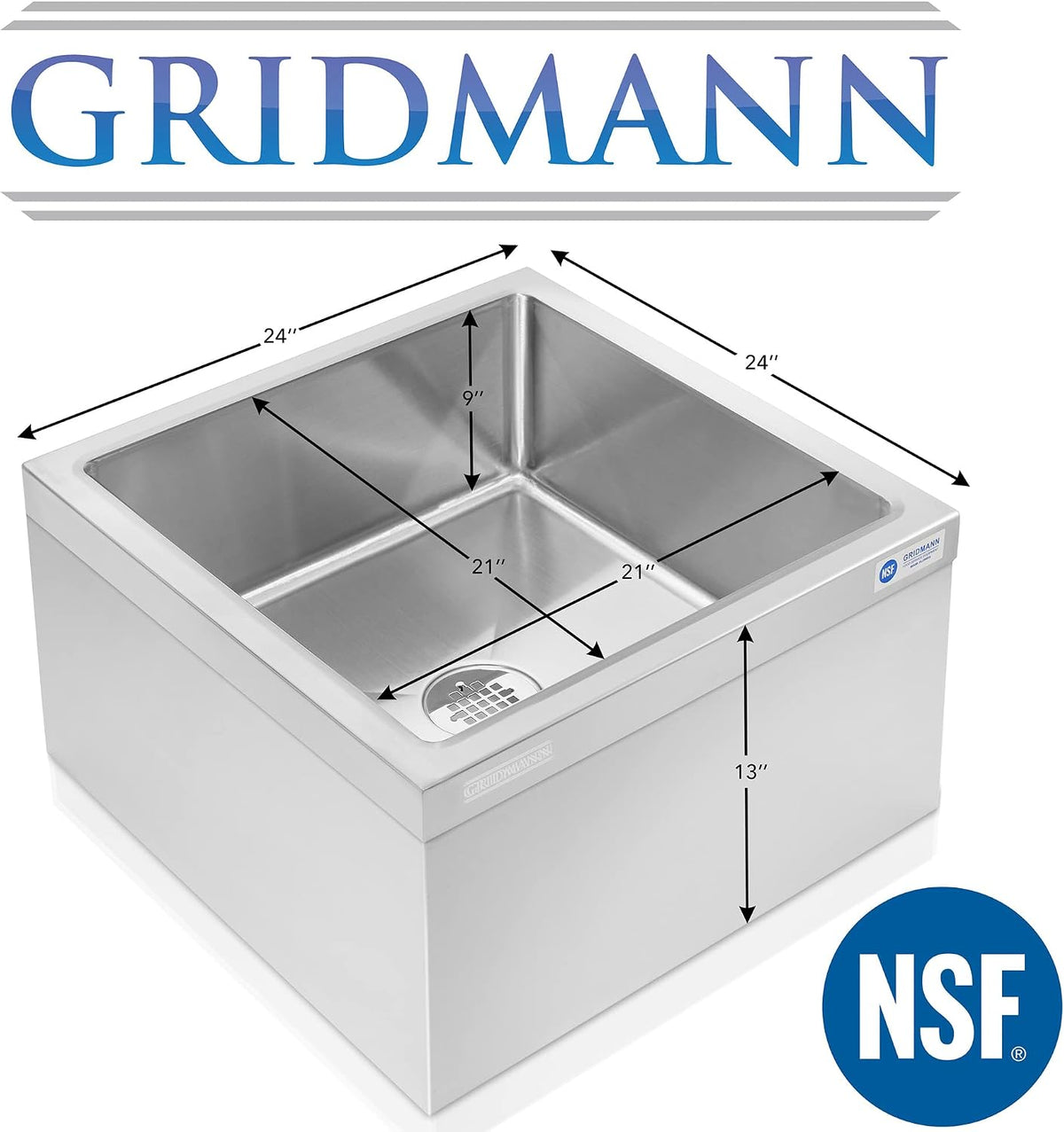 Stainless Steel Floor Mop Sink - 24" x 24" x 13", NSF Certified