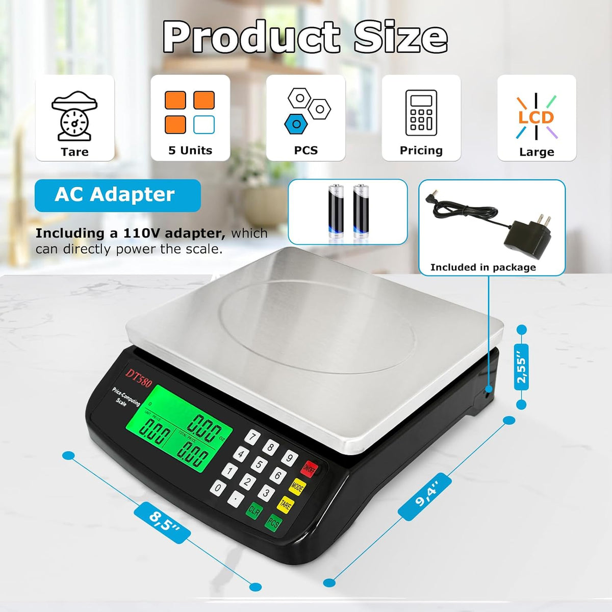 Large Digital Kitchen Scale 40kg/88lb Stainless Steel Price Computing Scale Counting Scale Deli Scale with LCD