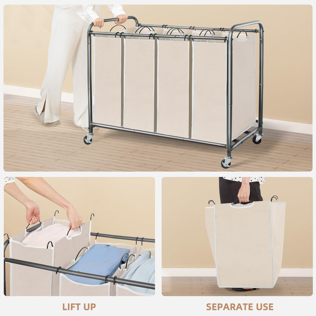 3 Section Laundry Sorter, Laundry Hamper with Wheels, Beige