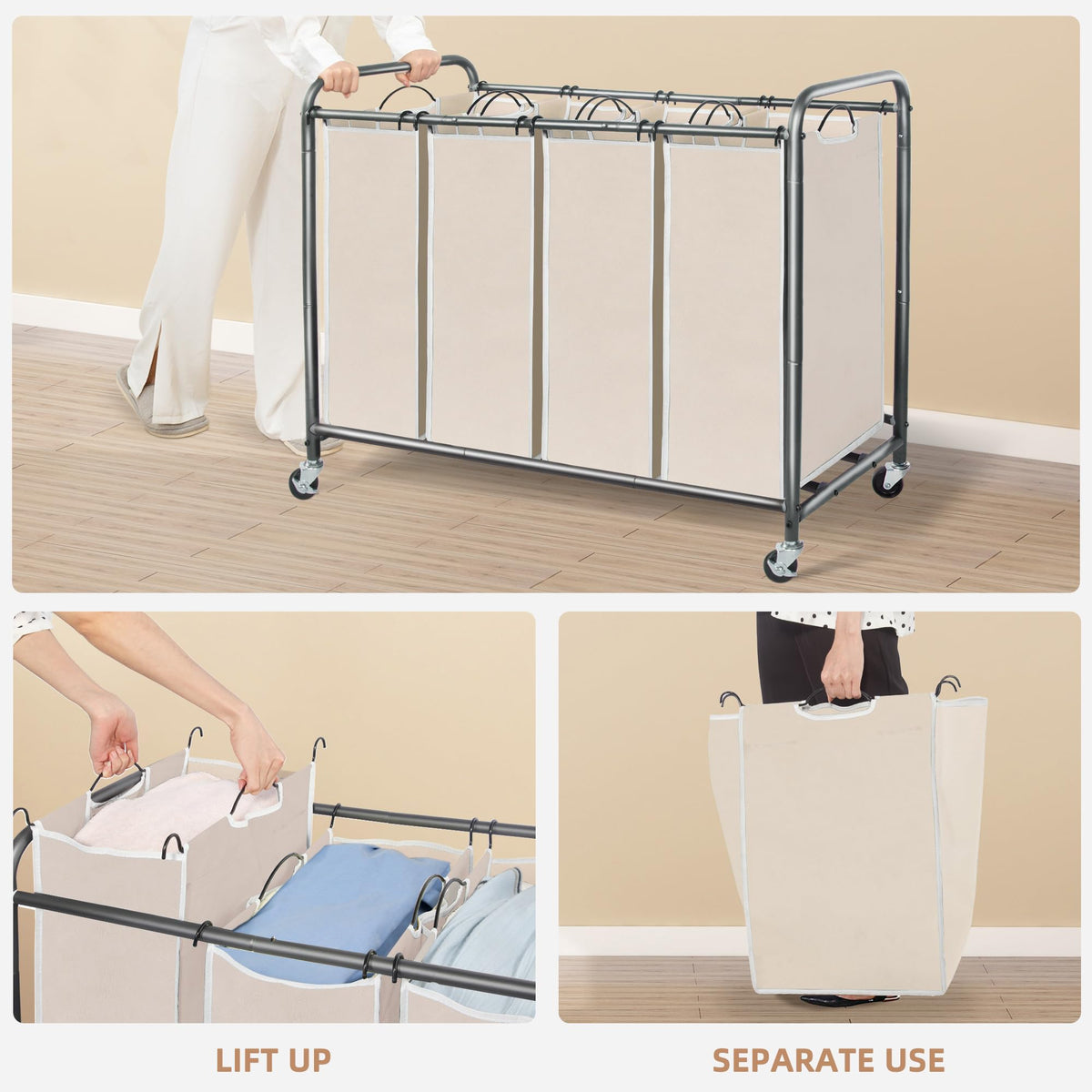 3 Section Laundry Sorter, Laundry Hamper with Wheels, Beige