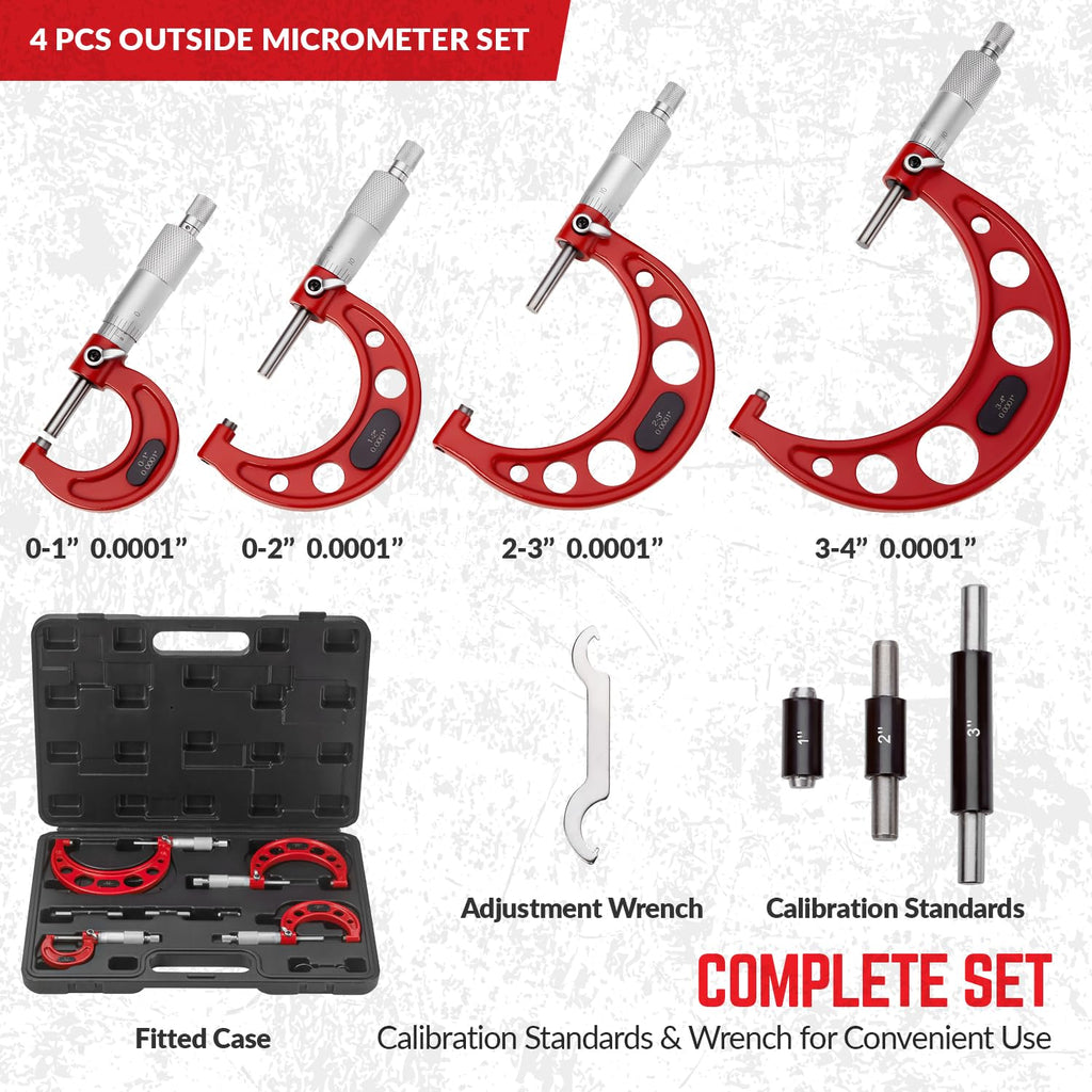 Premium Outside Micrometer Set 0-4" / 0.0001", Red