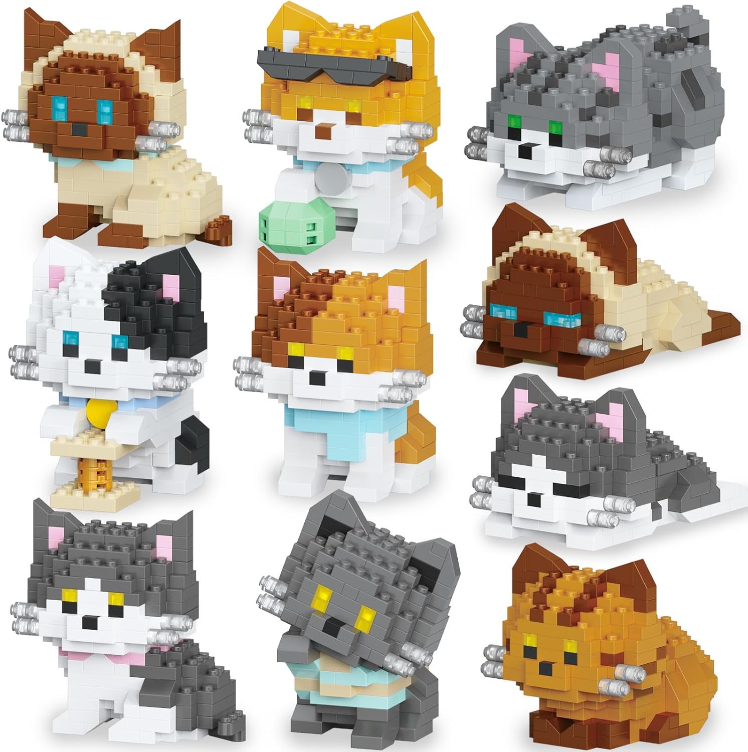 10 Packs Mini Building Blocks Cats Set, Cat Building Kit Party Favors Toy, Interlocking Bricks, DIY Animal Figure