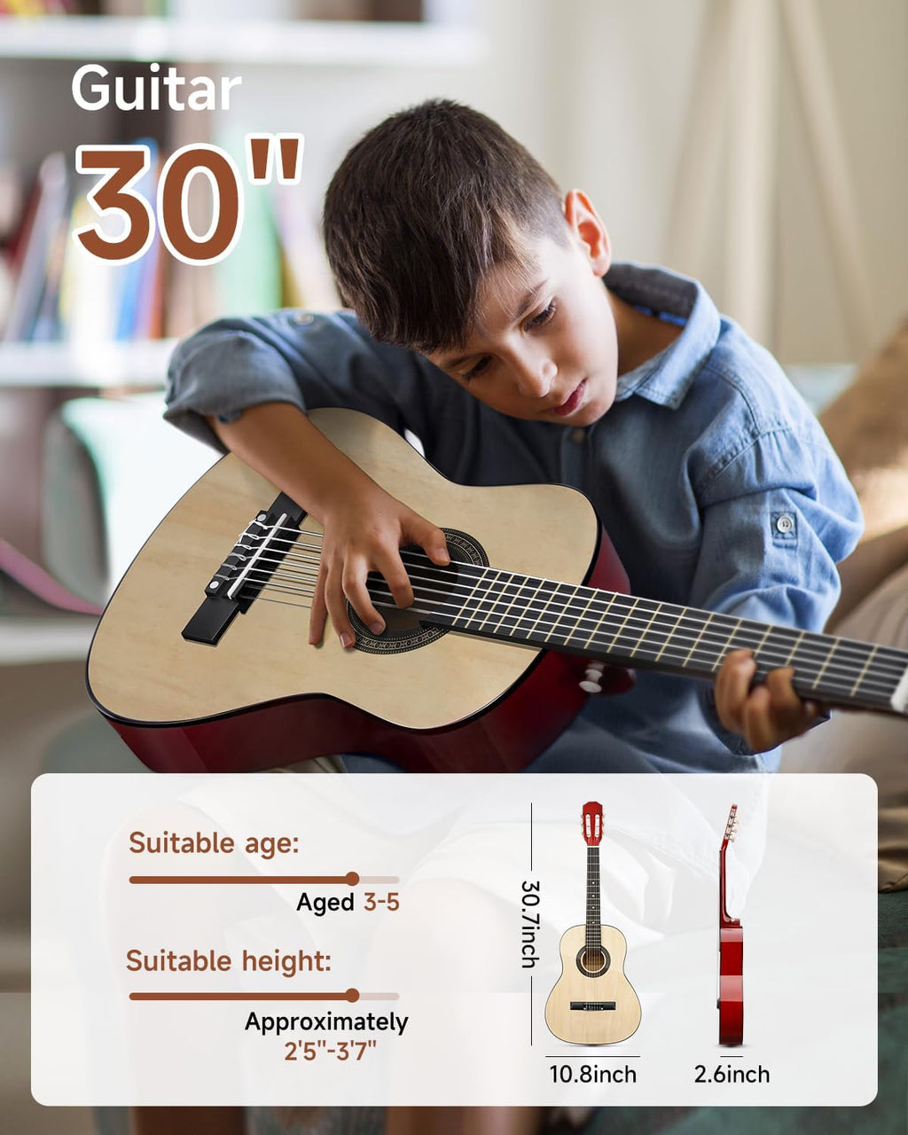 30" Acoustic Guitar for Beginners Kids Youth 1/4 Size Dreadnought Guitarra Acustica Kit with Chord Poster, Gig Bag