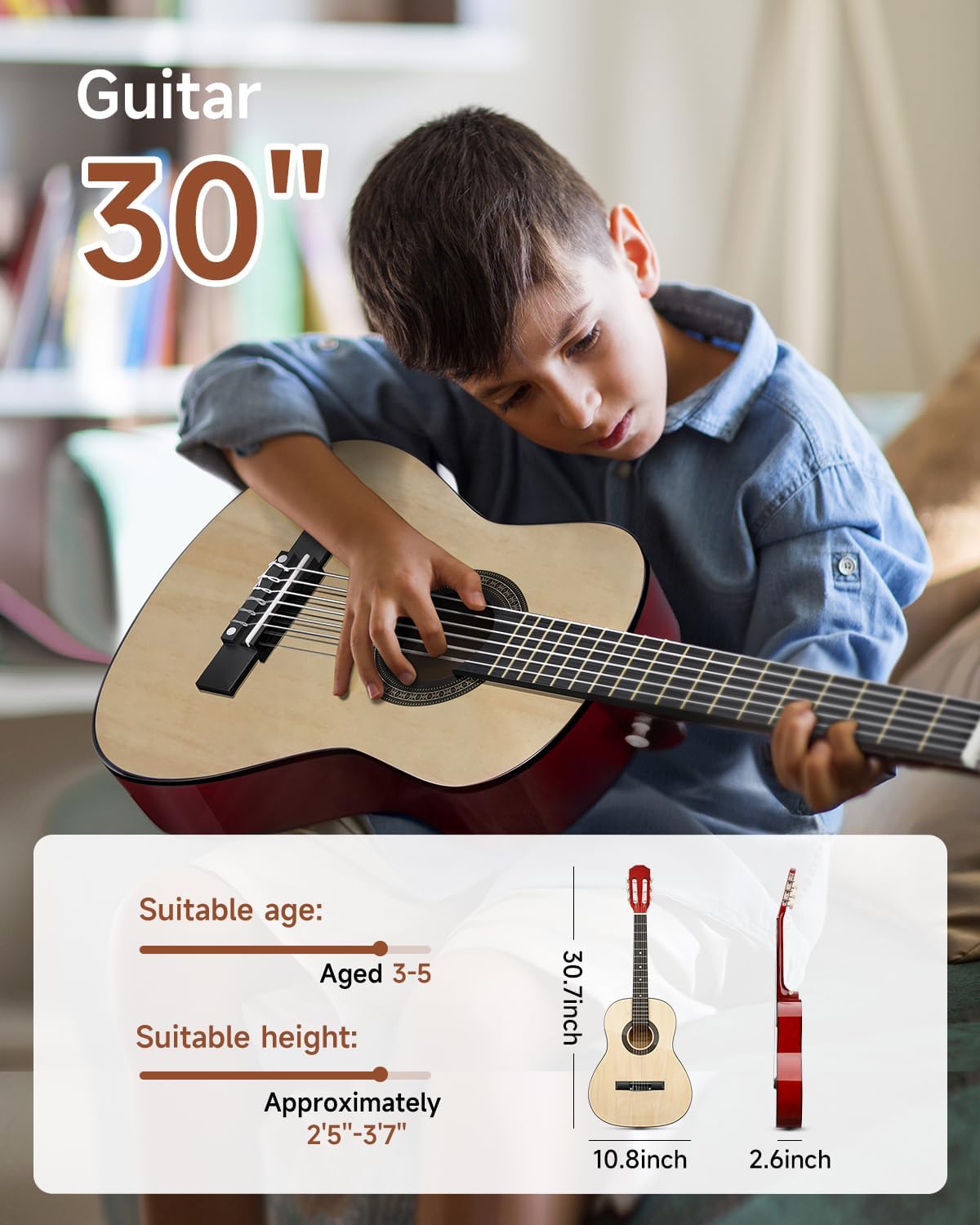 30" Acoustic Guitar for Beginners Kids Youth 1/4 Size Dreadnought Guitarra Acustica Kit with Chord Poster, Gig Bag