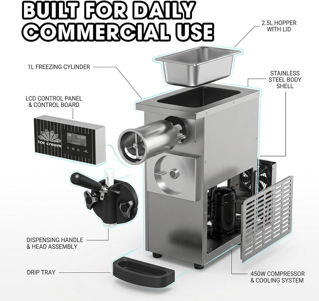 Soft Serve Ice Cream Machine, Commercial Countertop Ice Cream Maker with 4-5l/H Output, Digital Adjustment Panel