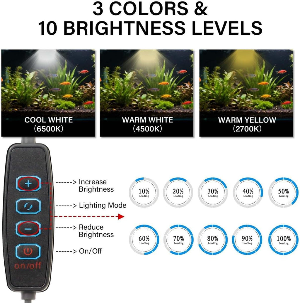 3W Fish Tank Light 3 Color Modes Clip on Aquarium Spotlight with Adjustable Focus Aquarium Focus Light with 10