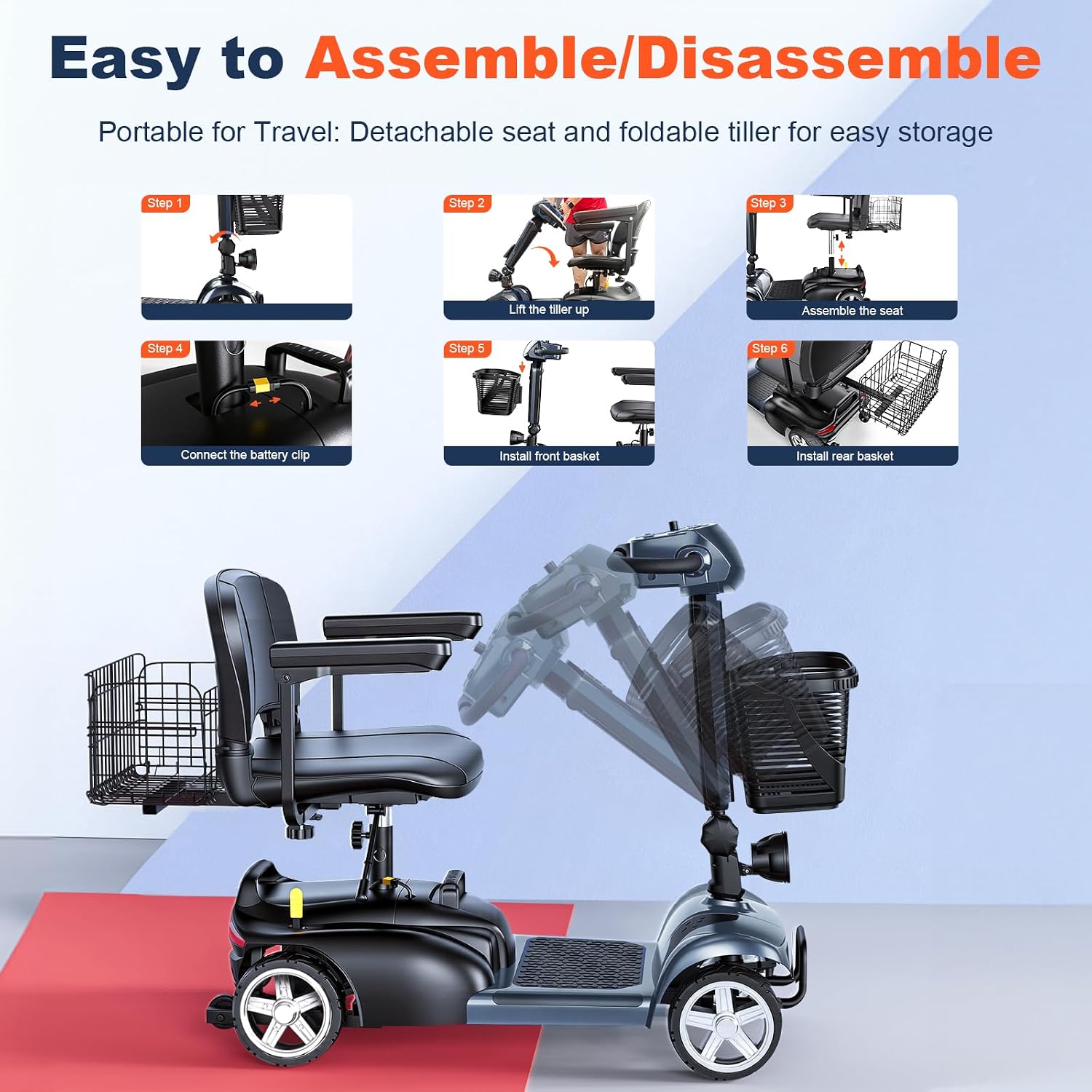 25Miles Eldryvon 4 Wheels Electric Mobility Scooter for Seniors, Dual Basket, 350W Powered Wheelchair with Rotating