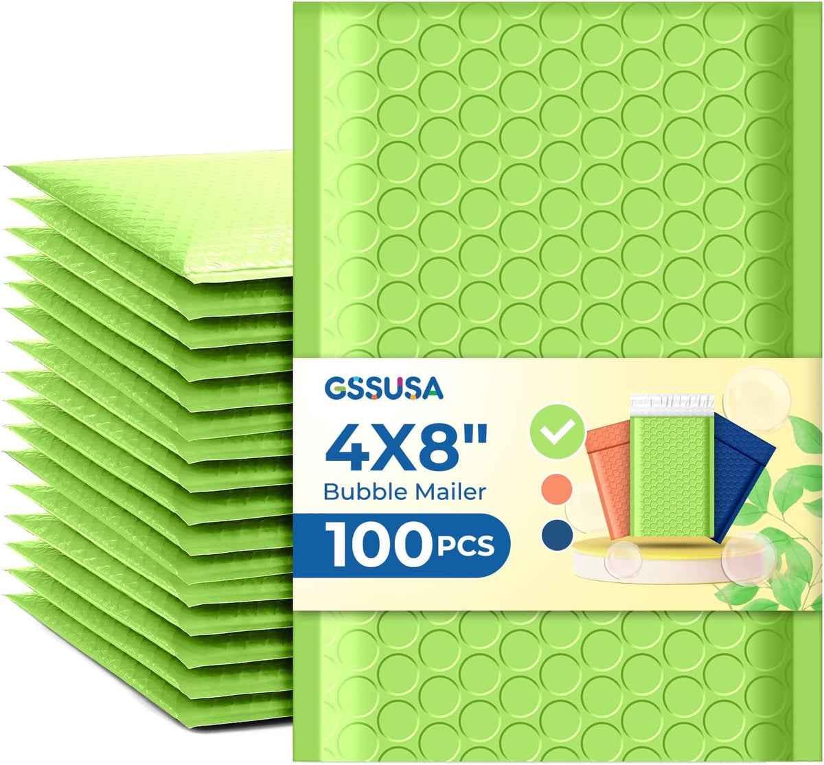 Green Bubble Mailers 4x8 100 Pack, Self Seal Padded Envelopes