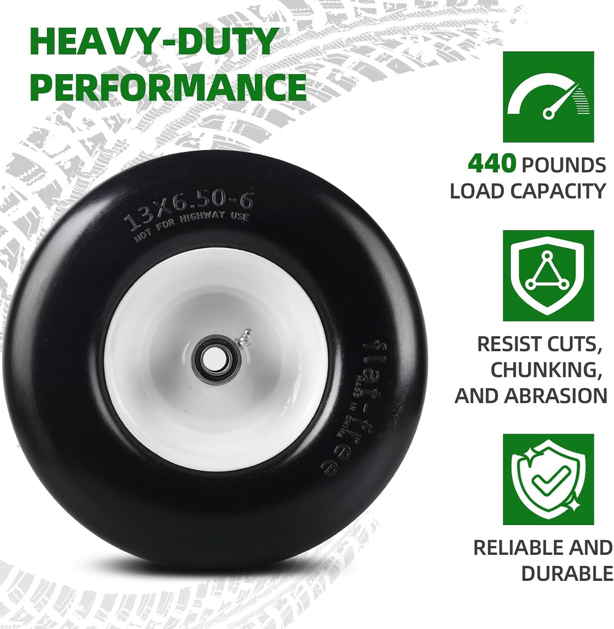(2-Pack) 13x6.50-6 Flat Free Tire and Wheel - Universal 13x6.5-6 Solid Rubbe Riding Lawn Mower Tire with Rim - With