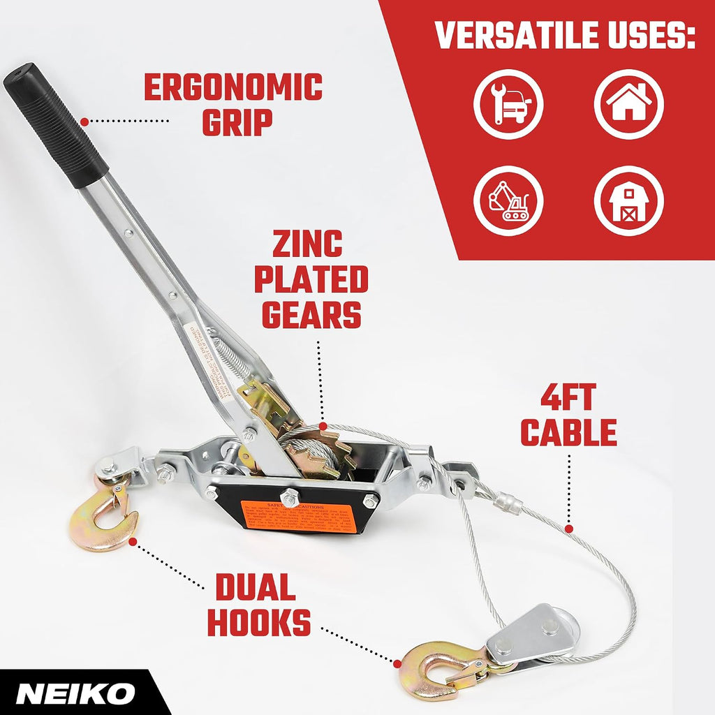 02251A Come Along Winch, 1-Ton (2,000 lbs) Pulling Capacity, 5.9Ft, 2 hook, Heavy Duty Power Cable Come Along Tool