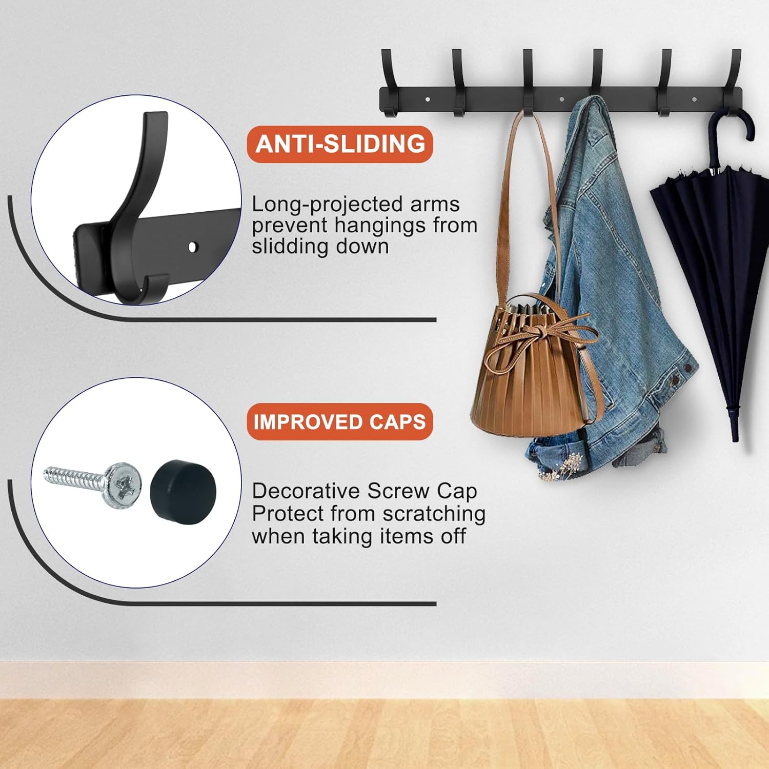 Coat Rack Wall Mounted,6 Coat Hooks for Hanging Coats,Metal Double Hook Rack Hook Rail,Coat Rack with Hooks,Wall