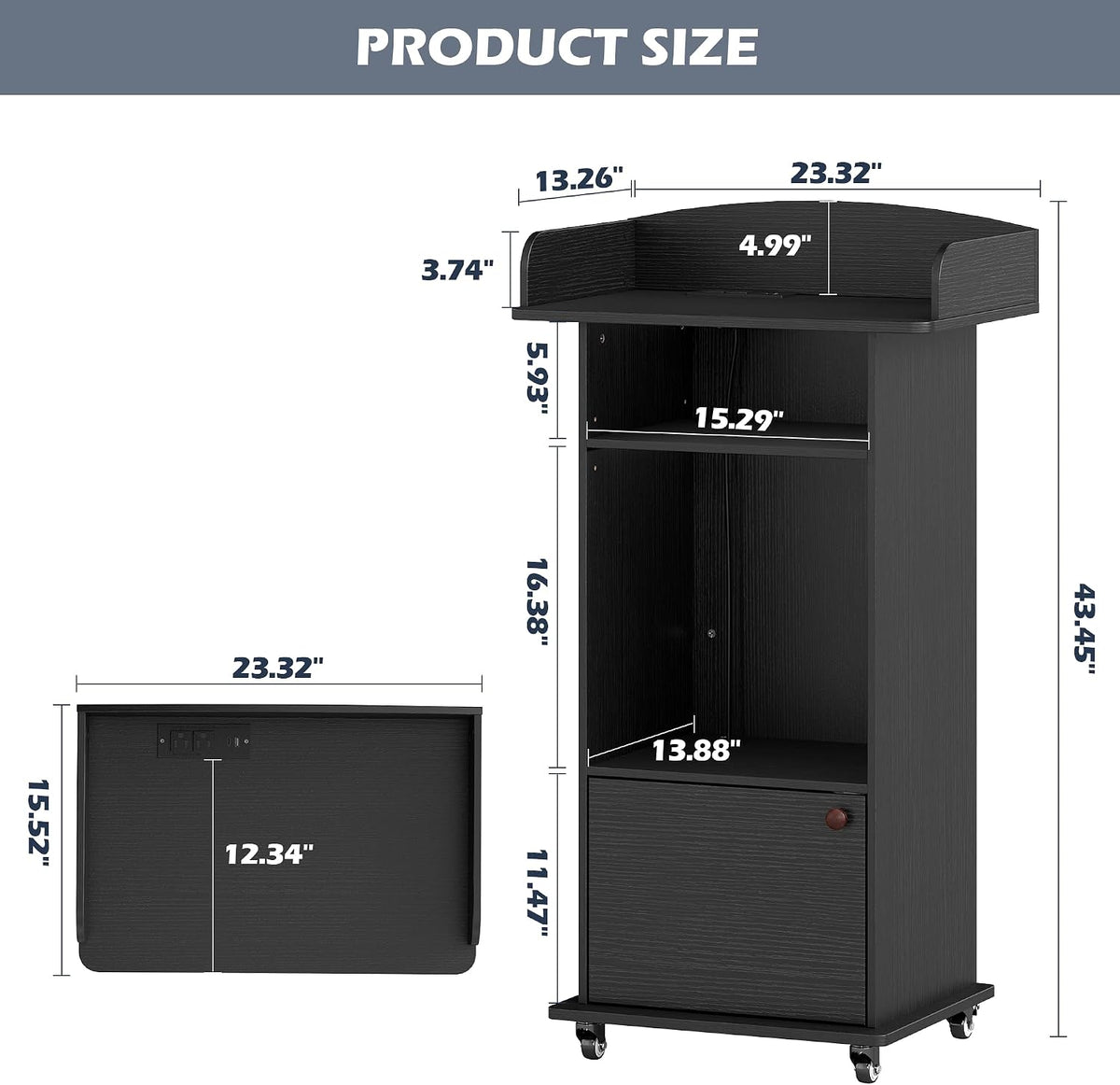 Portable Podium Stand with Charging Station & Lockable Wheels (Black)