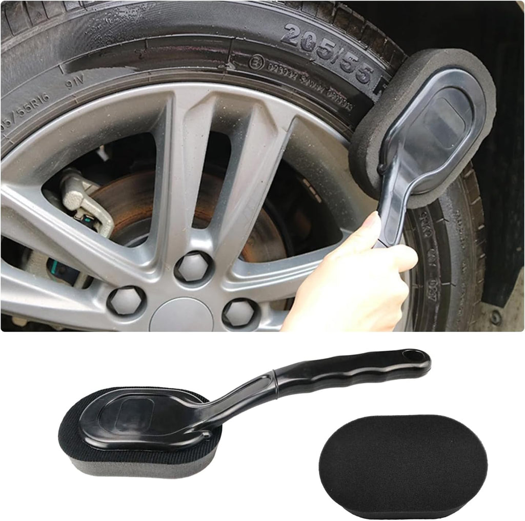 Tire Shine Applicator Brush, High-Density Sponge Tire Dressing Applicator Pad with Long Handle, Multipurpose Curved