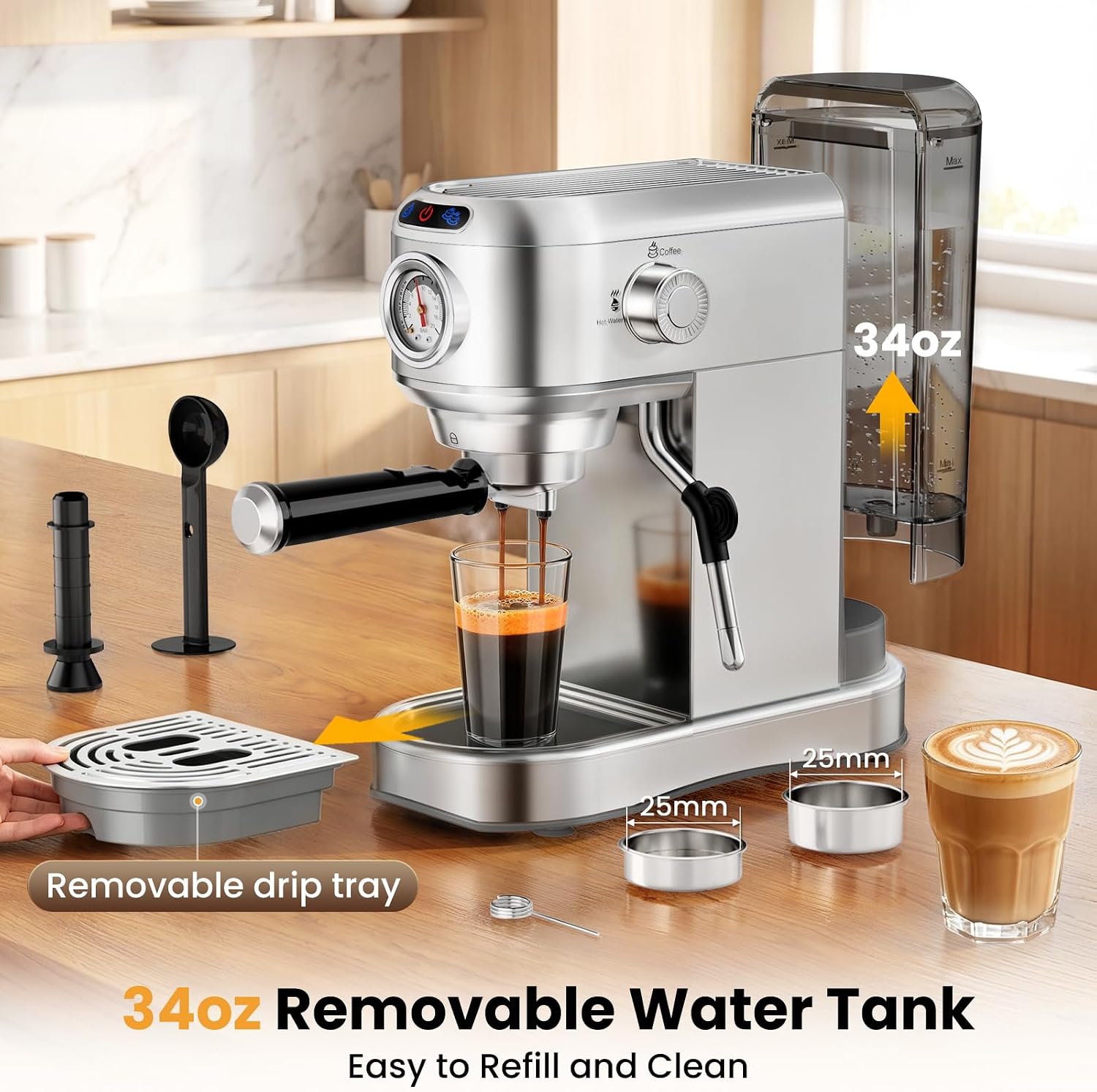 Espresso Machine 20 Bar, Compact Espresso Coffee Machine with Milk Frother, Stainless Steel Coffee Maker with 34oz