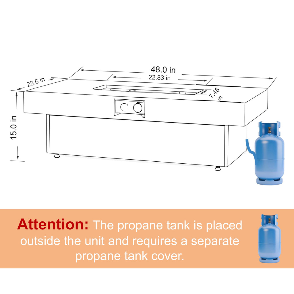 48 Inch Rectangular Outdoor Propane Gas Fire Pit Table, 50,000 BTU