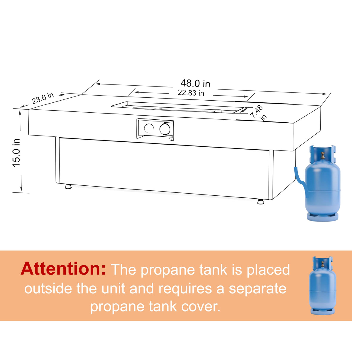48 Inch Rectangular Outdoor Propane Gas Fire Pit Table, 50,000 BTU