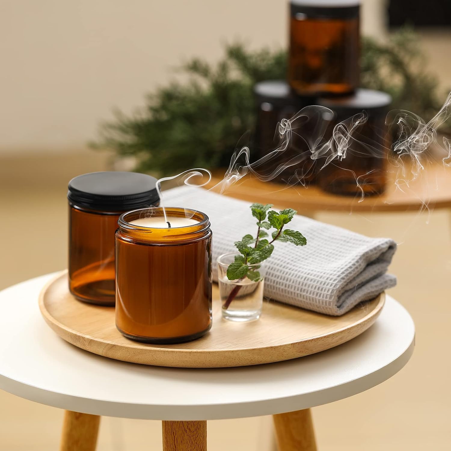 24 Pack, 8 OZ Thick Amber Candle Jars for Making Candle - Round Glass Jars with Lids - Empty Food Storage Containers