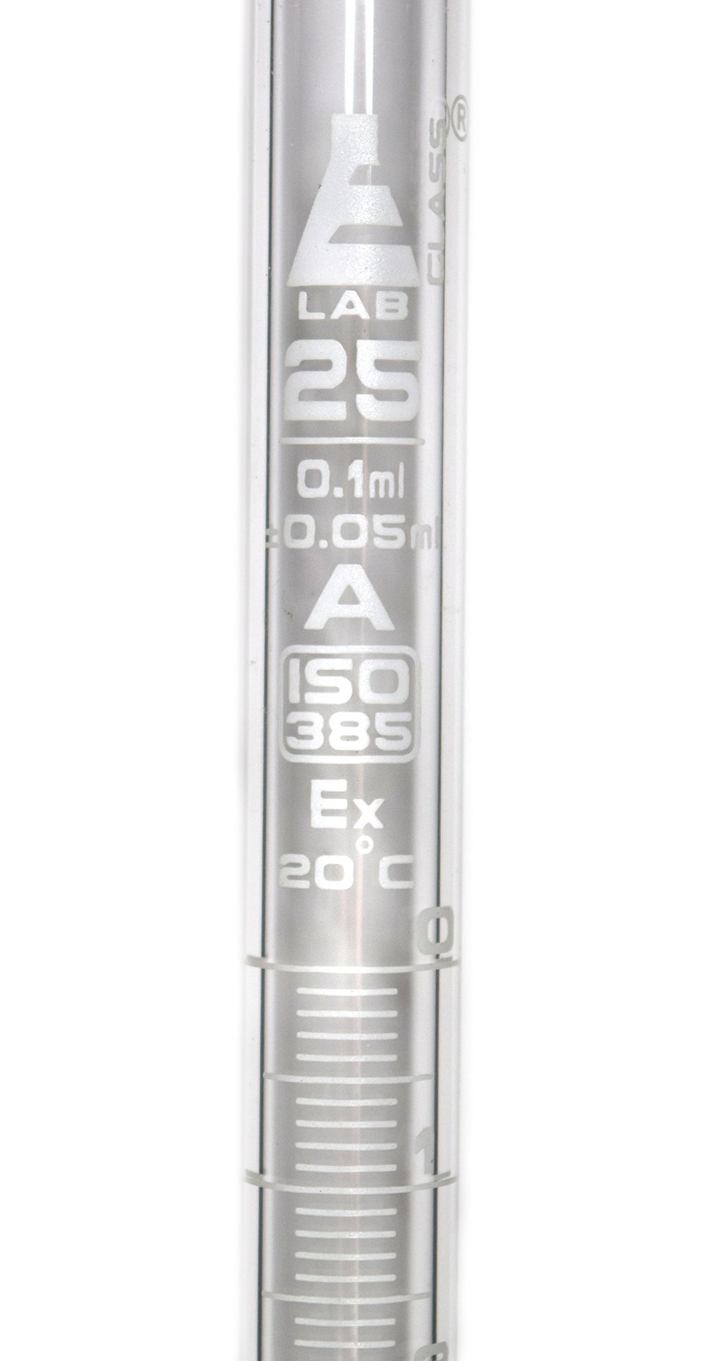 Burette, 25ml - White 0.10mL Graduations - Class A, Conforms with DIN ISO 385 Standards - Borosilicate Glass with