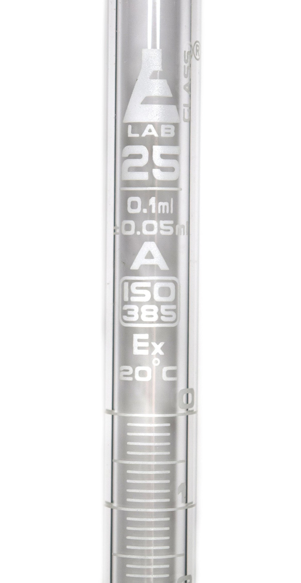 Burette, 25ml - White 0.10mL Graduations - Class A, Conforms with DIN ISO 385 Standards - Borosilicate Glass with