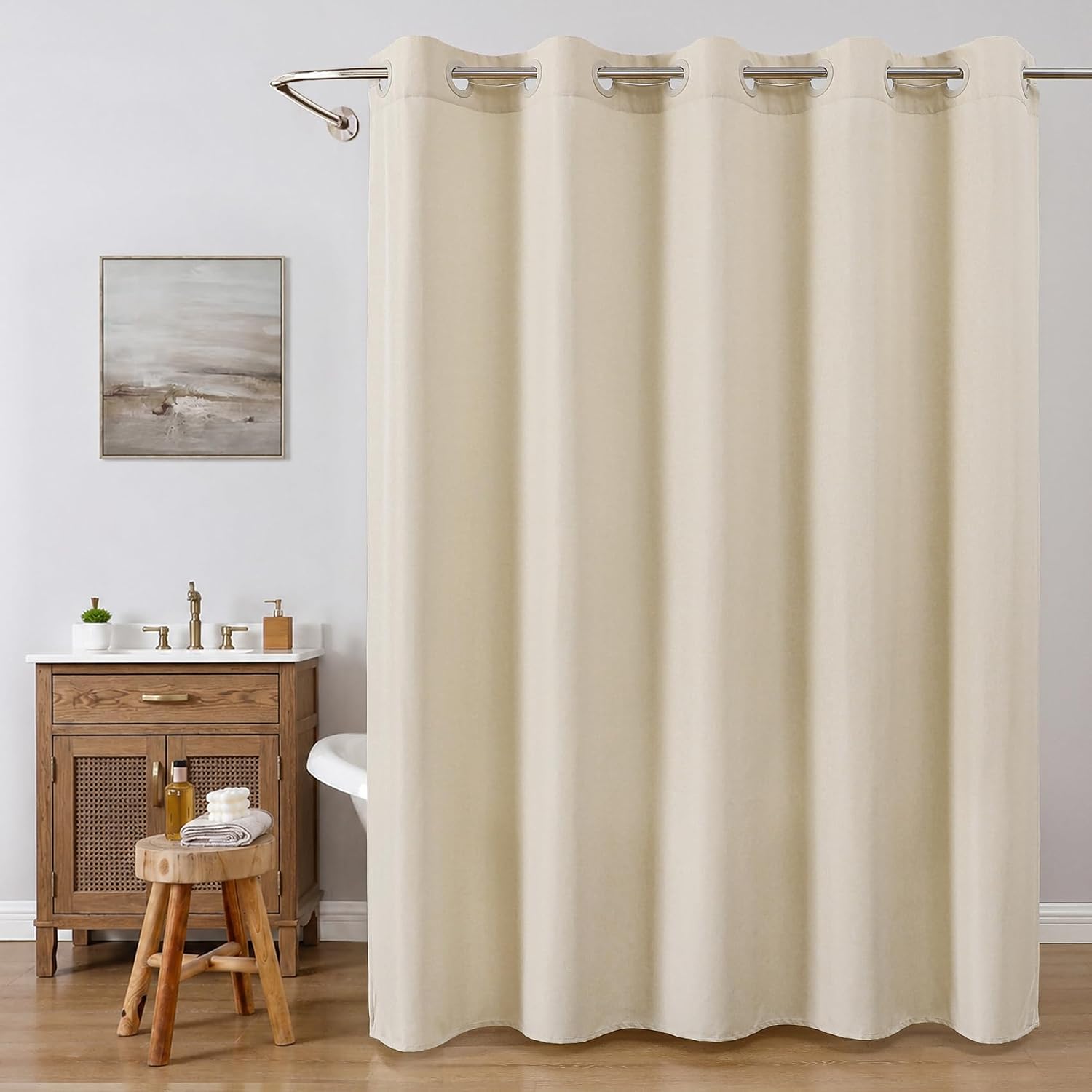 No Hooks & No Liner Needed Fabric Shower Curtain,71" Wx74 L,Cream | Linen Texture,100% Waterproof TPU Laminated