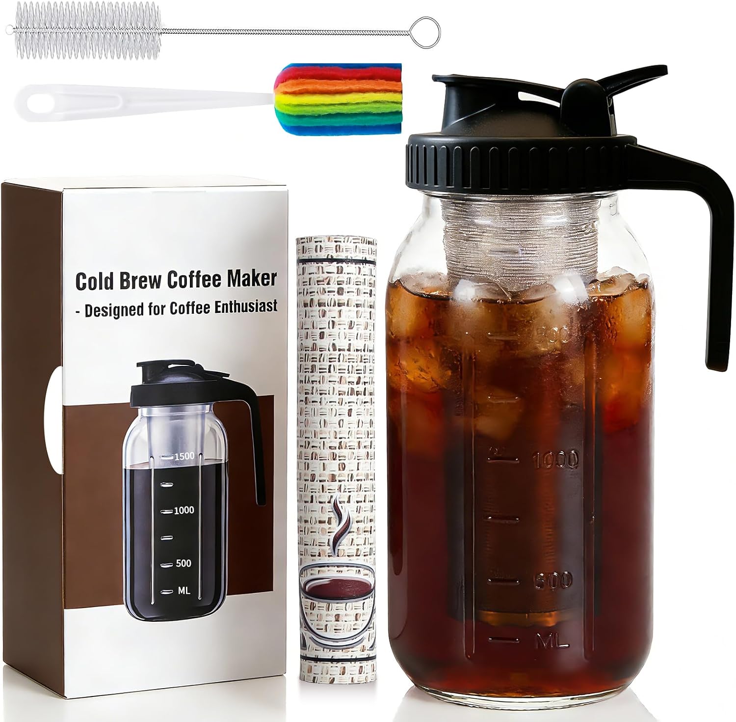 Cold Brew Coffee Maker, 64oz Cold Brew Pitcher with Stainless Steel Filter & Coffee Mat, Glass Cold Brew Mason Jar