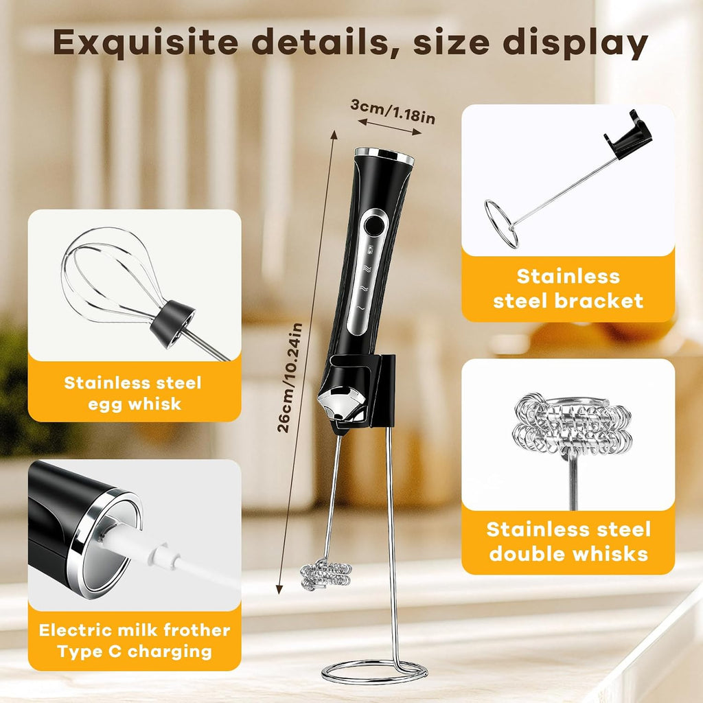 Milk Frother Handheld Rechargeable with Stand 3 Speed Frother Wand | Adjustable Foam Maker Hand Mixer with Detachable