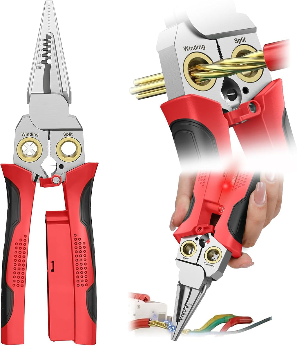 Pro 8-in-1 Wire Stripper/Cutter with Voltage Tester & Dual Alarms - Heavy Duty 12-250V AC/DC Electrical Tester for