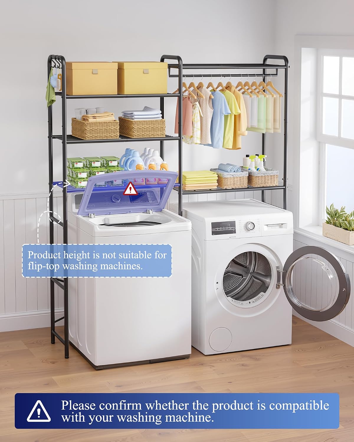 Laundry Room Shelves - Multi-Functional Over Washer and Dryer Shelves with Hanging Bar & Removable Hooks