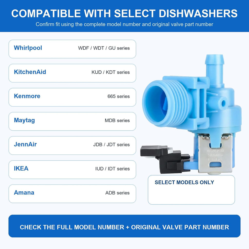 W10327249 WPW10327249 Dishwasher Water Inlet Valve Replacement, Compatible with Select Whirlpool, KitchenAid, Kenmore, Maytag, JennAir, IKEA & Amana Models, Replaces W11130743 W10316814