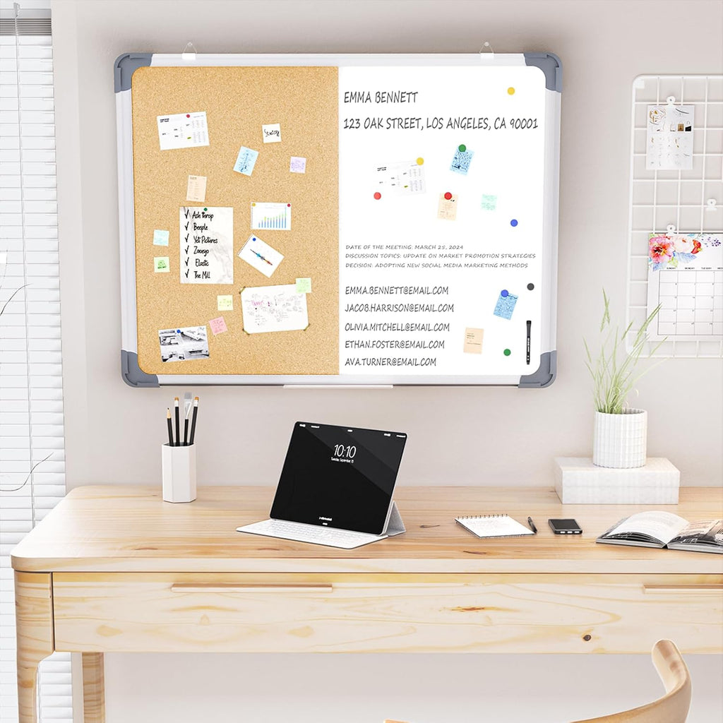 White Board Cork Board Combo, 24×18 inch for Office, Home, School, Vision Board, Pin Bulletin, Markers, Eraser