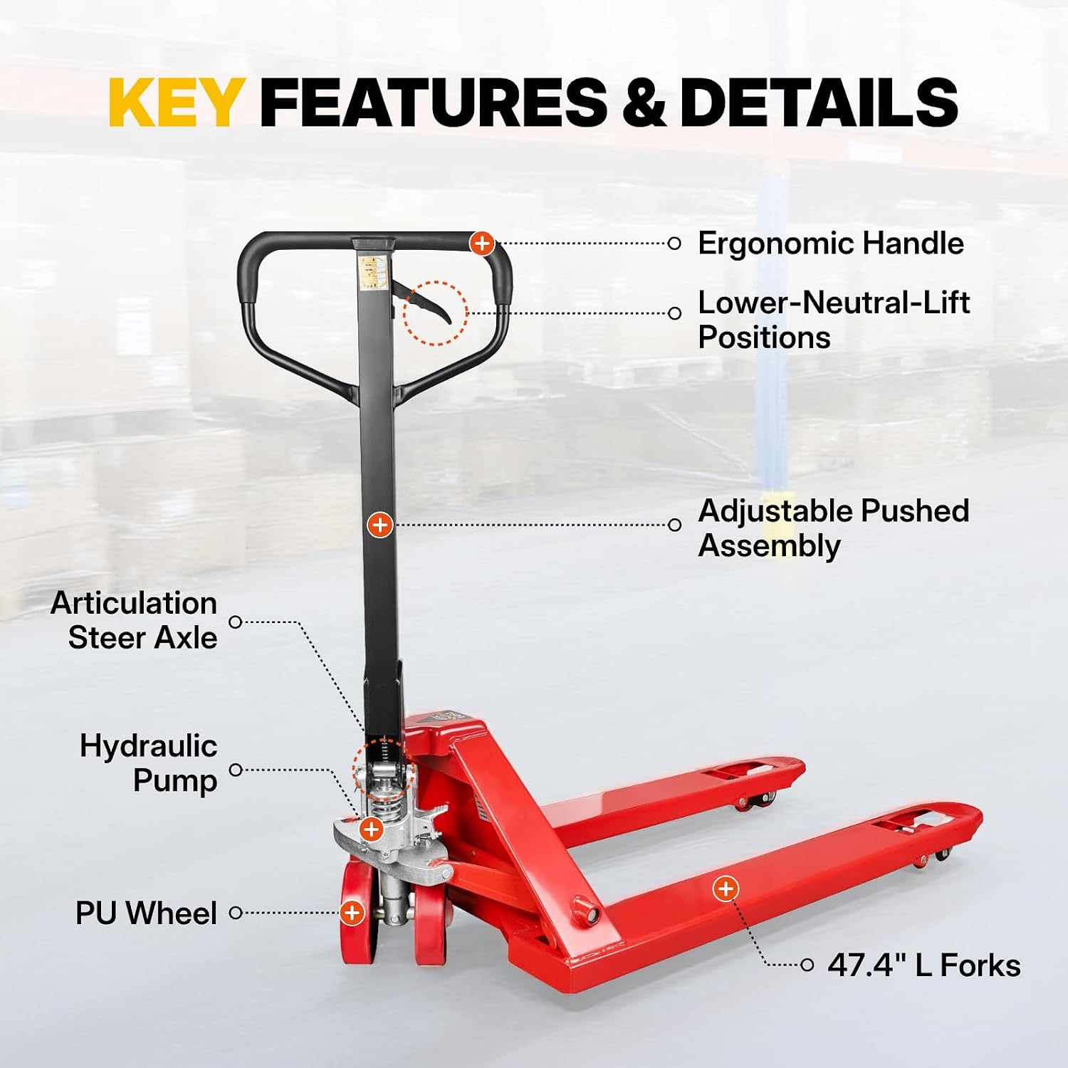Standard Manual Pallet Jack, 27" W x 48" L, 5500lbs Capacity | Heavy Duty Pallet Jack for Warehouse, Workshop, Factory