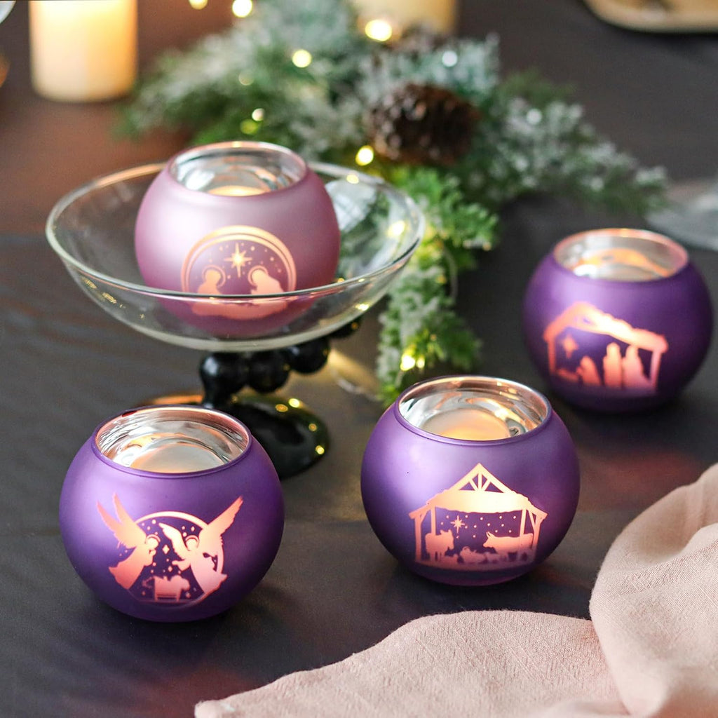 Advent Candle Holders Set of 4, Glass Tealight Votive Candle Hodlers Tabletop Nativity Christmas Table Decorations